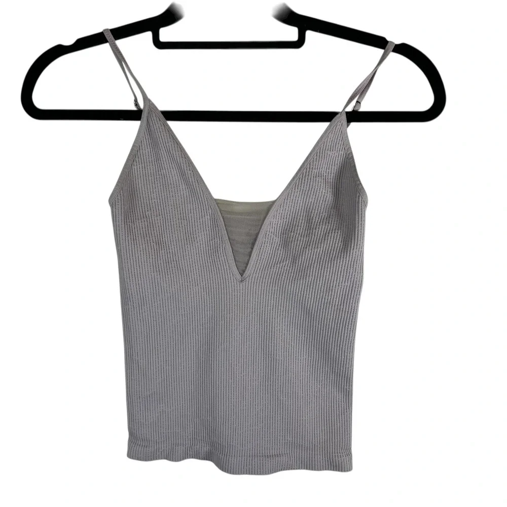 Intimately Free People Ribbed V-Neck Mesh Inset Camisole Lavender Grey One Size‎